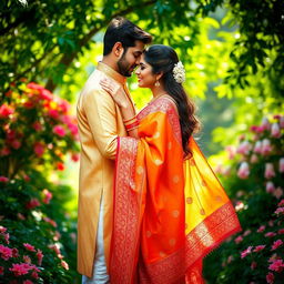 A beautiful couple embracing in a romantic setting, showcasing the elegance of traditional Indian fashion