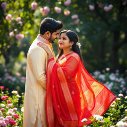 A beautiful couple embracing in a romantic setting, showcasing the elegance of traditional Indian fashion