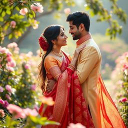 A beautiful couple embracing in a romantic setting, showcasing the elegance of traditional Indian fashion