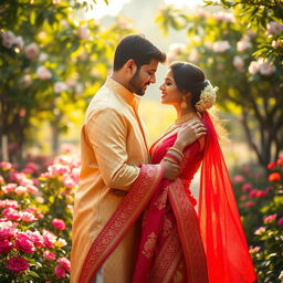A beautiful couple embracing in a romantic setting, showcasing the elegance of traditional Indian fashion