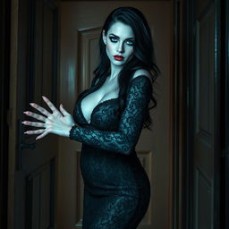 A full-length photographic image of an hourglass-shaped and beautiful 19-year-old woman with pale skin and thick black hair, standing inside a haunted mansion as she opens a door