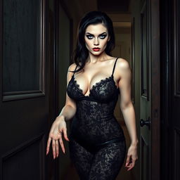 A full-length photographic image of an hourglass-shaped and beautiful 19-year-old woman with pale skin and thick black hair, standing inside a haunted mansion as she opens a door