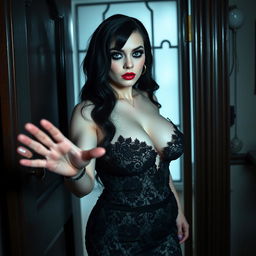 A full-length photographic image of an hourglass-shaped and beautiful 19-year-old woman with pale skin and thick black hair, standing inside a haunted mansion as she opens a door