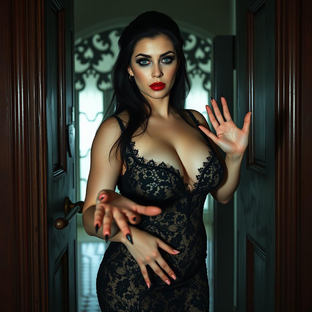 A full-length photographic image of an hourglass-shaped and beautiful 19-year-old woman with pale skin and thick black hair, standing inside a haunted mansion as she opens a door