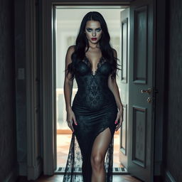 A full-length photographic image of an hourglass-shaped and beautiful 19-year-old woman with pale skin and thick black hair, standing inside a haunted mansion as she opens a door