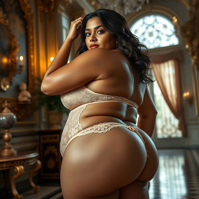 A stunningly beautiful Brazilian-Indian plus-sized woman with a heart-shaped giant booty and heavy round thighs, adorned in a delicate lace panty