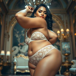 A stunningly beautiful Brazilian-Indian plus-sized woman with a heart-shaped giant booty and heavy round thighs, adorned in a delicate lace panty