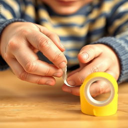 A sketch layout close-up of the hands of a young boy actively playing with sticky tape