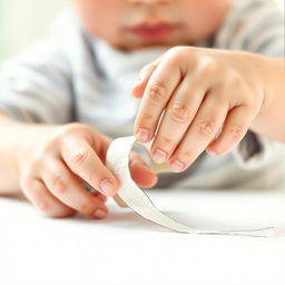 A sketch layout close-up of the hands of a young boy actively playing with sticky tape