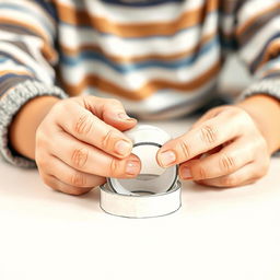 A sketch layout close-up of the hands of a young boy actively playing with sticky tape