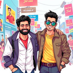 A vibrant and colorful digital illustration featuring two well-known figures: Shakib Khan, a popular Bangladeshi actor and filmmaker, known for his charismatic presence, and Jony Sin, a socially recognized figure in a playful and humorous scenario