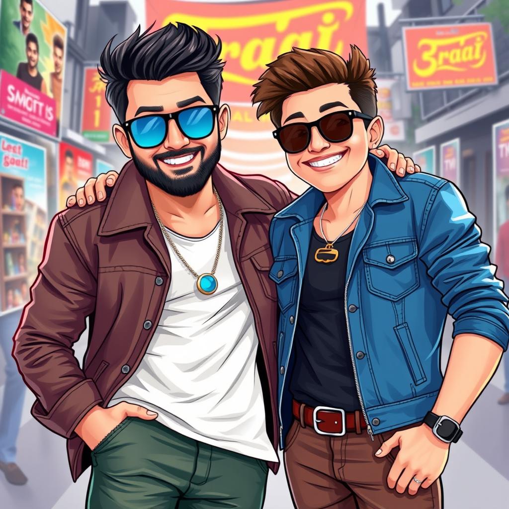 A vibrant and colorful digital illustration featuring two well-known figures: Shakib Khan, a popular Bangladeshi actor and filmmaker, known for his charismatic presence, and Jony Sin, a socially recognized figure in a playful and humorous scenario