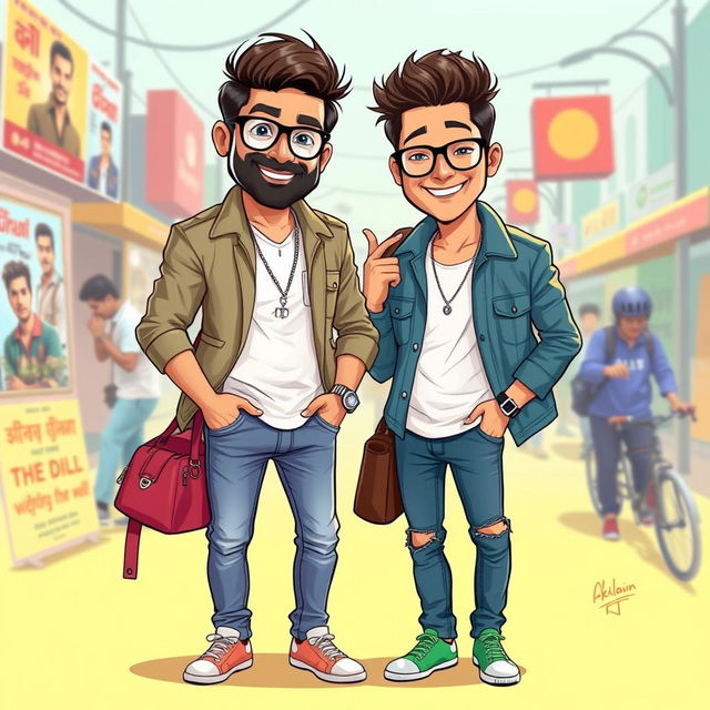 A vibrant and colorful digital illustration featuring two well-known figures: Shakib Khan, a popular Bangladeshi actor and filmmaker, known for his charismatic presence, and Jony Sin, a socially recognized figure in a playful and humorous scenario