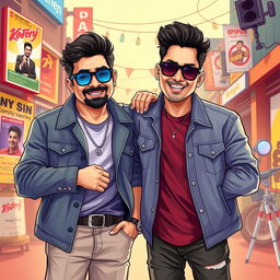 A vibrant and colorful digital illustration featuring two well-known figures: Shakib Khan, a popular Bangladeshi actor and filmmaker, known for his charismatic presence, and Jony Sin, a socially recognized figure in a playful and humorous scenario