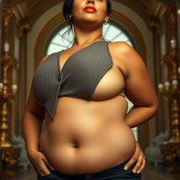 A stunningly beautiful Brazilian-Indian plus-sized woman with a heart-shaped booty and proportionate breasts, showcasing her heavy round thighs