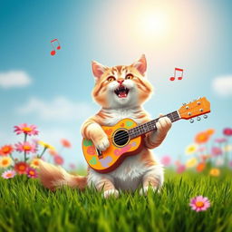A playful scene featuring an adorable cat with a fluffy coat, sitting on a vibrant green grass field, strumming a colorful guitar