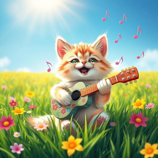 A playful scene featuring an adorable cat with a fluffy coat, sitting on a vibrant green grass field, strumming a colorful guitar