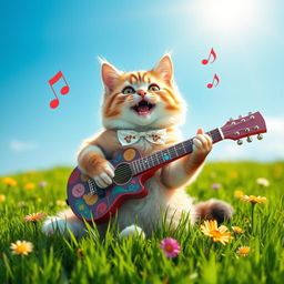 A playful scene featuring an adorable cat with a fluffy coat, sitting on a vibrant green grass field, strumming a colorful guitar