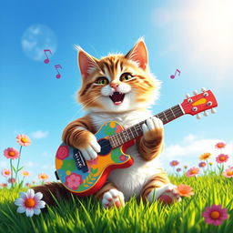 A playful scene featuring an adorable cat with a fluffy coat, sitting on a vibrant green grass field, strumming a colorful guitar