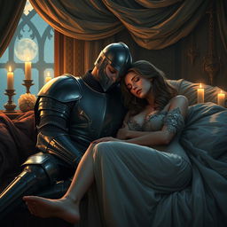 A romantic scene depicting a knight peacefully sleeping, his head resting gently on the legs of his lover