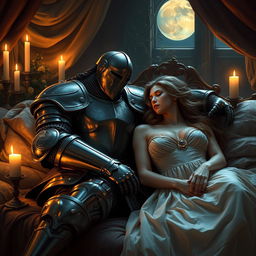 A romantic scene depicting a knight peacefully sleeping, his head resting gently on the legs of his lover