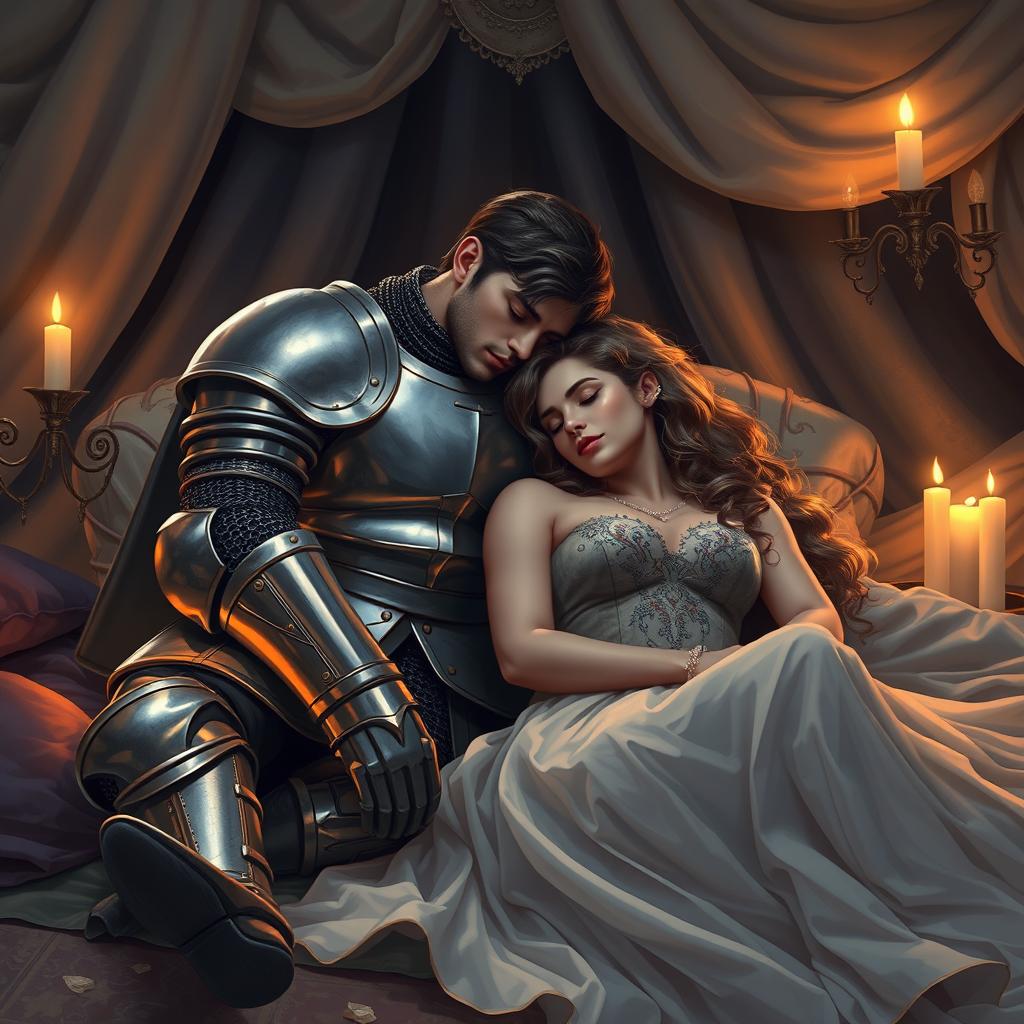 A romantic scene depicting a knight peacefully sleeping, his head resting gently on the legs of his lover