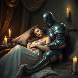 A romantic scene depicting a knight peacefully sleeping, his head resting gently on the legs of his lover