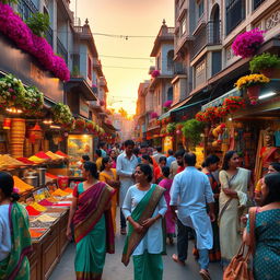 A vibrant street scene showcasing a traditional Desi market filled with colorful stalls selling spices, textiles, and handcrafted items