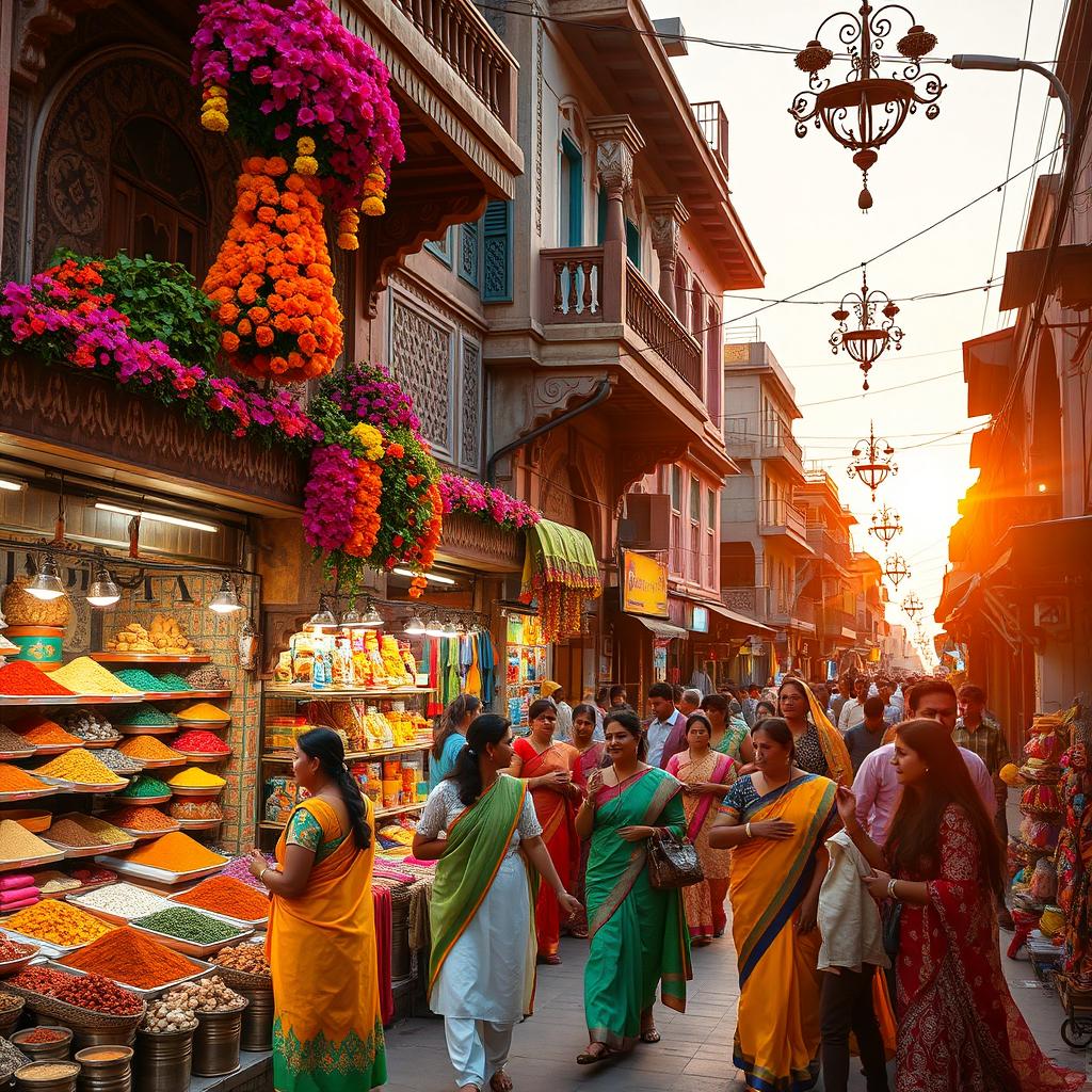 A vibrant street scene showcasing a traditional Desi market filled with colorful stalls selling spices, textiles, and handcrafted items