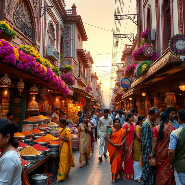 A vibrant street scene showcasing a traditional Desi market filled with colorful stalls selling spices, textiles, and handcrafted items