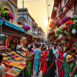 A vibrant street scene showcasing a traditional Desi market filled with colorful stalls selling spices, textiles, and handcrafted items