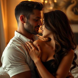 A sensual and intimate scene capturing a romantic and passionate moment between two adults, showcasing deep emotional connection and chemistry