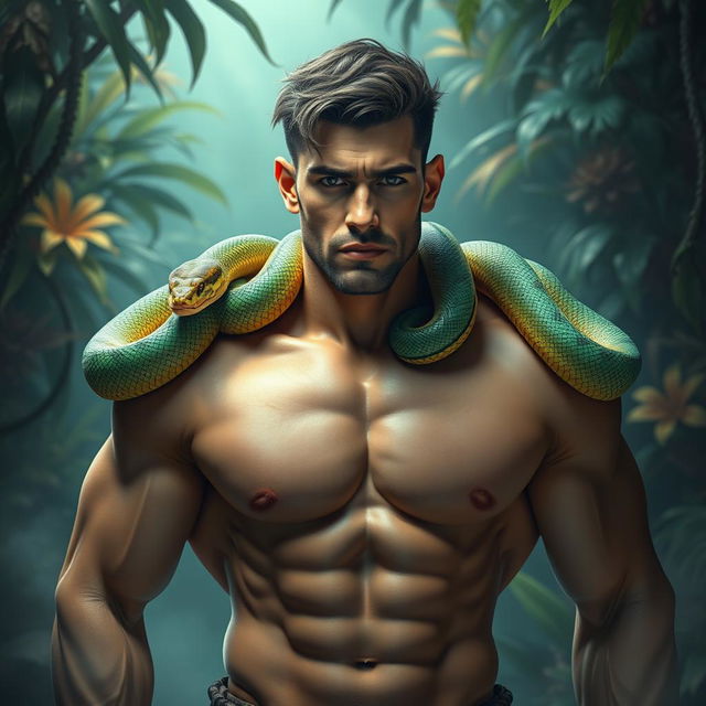 A surreal, mythical scene featuring a strong man with two vibrant, colorful snakes protruding from his shoulders