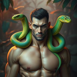 A surreal, mythical scene featuring a strong man with two vibrant, colorful snakes protruding from his shoulders