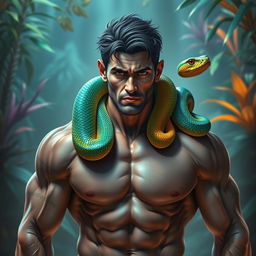 A surreal, mythical scene featuring a strong man with two vibrant, colorful snakes protruding from his shoulders