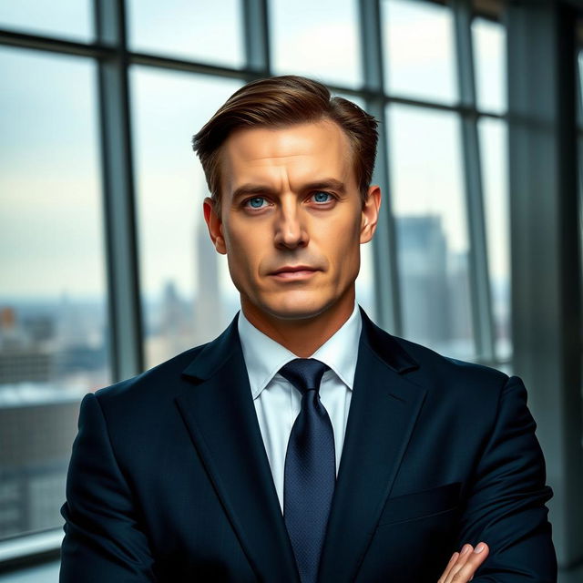 A portrait of a person in a formal suit with a serious expression