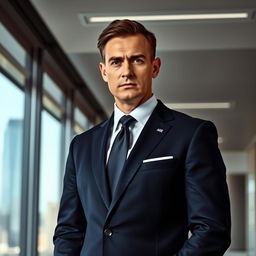 A portrait of a person in a formal suit with a serious expression