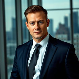 A portrait of a person in a formal suit with a serious expression