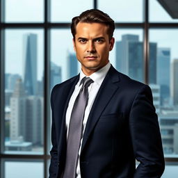 A portrait of a person in a formal suit with a serious expression