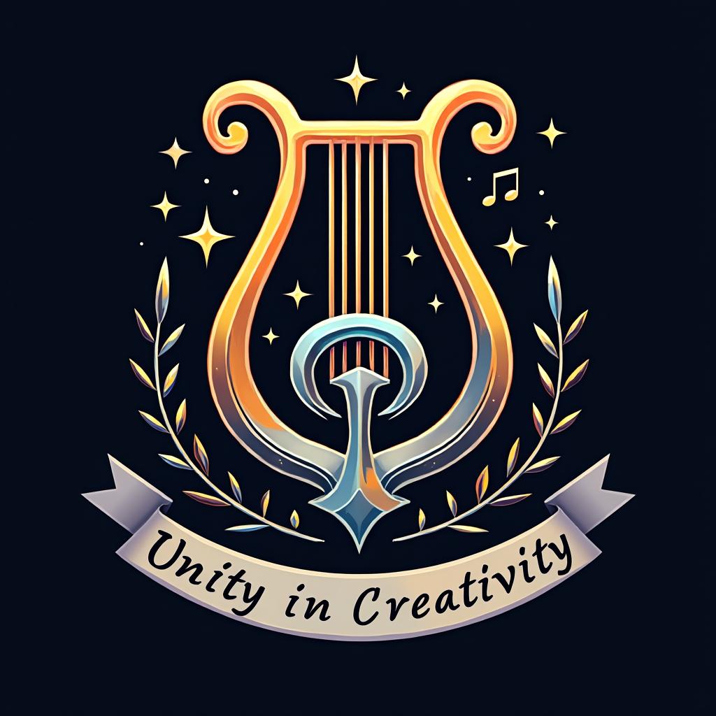 A striking and artistic symbol for a performer/music guild, featuring a stylized combination of a treble clef and a lyre, intricately intertwined to represent harmony and creativity