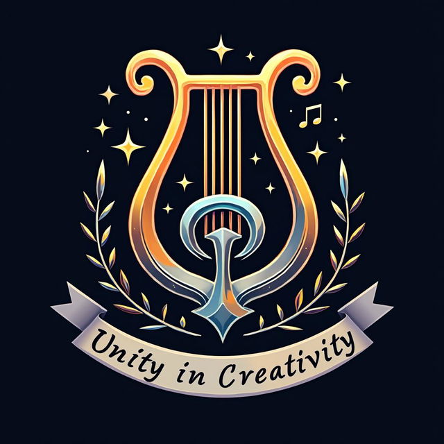 A striking and artistic symbol for a performer/music guild, featuring a stylized combination of a treble clef and a lyre, intricately intertwined to represent harmony and creativity