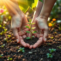 A touching representation of intertwined hands, showcasing a parent and child planting a young sapling together