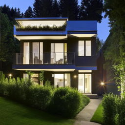 A large, modern duplex house with a spacious balcony. The house is bathed in warm lighting, surrounded by greenery.