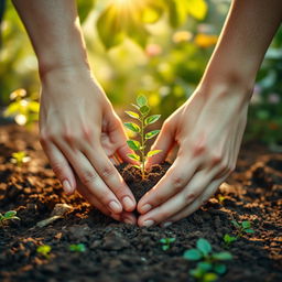 A touching representation of intertwined hands, showcasing a parent and child planting a young sapling together