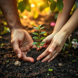 A touching representation of intertwined hands, showcasing a parent and child planting a young sapling together