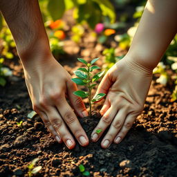 A touching representation of intertwined hands, showcasing a parent and child planting a young sapling together