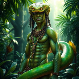 A mystical snake man character with vibrant green and gold scales, striking features, and an elongated serpentine body