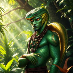A mystical snake man character with vibrant green and gold scales, striking features, and an elongated serpentine body