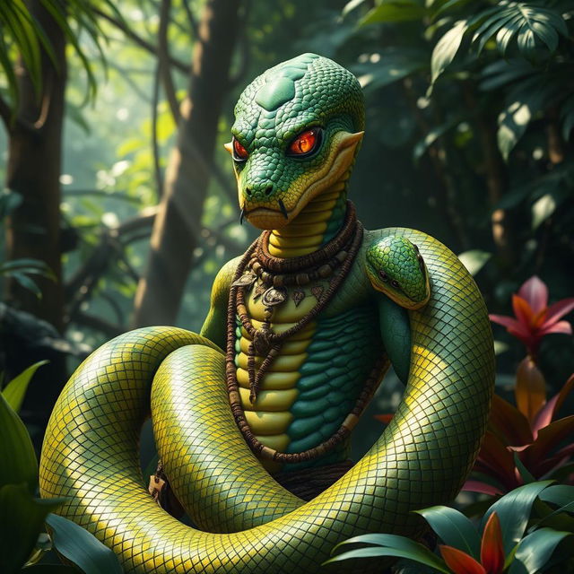 A mystical snake man character with vibrant green and gold scales, striking features, and an elongated serpentine body