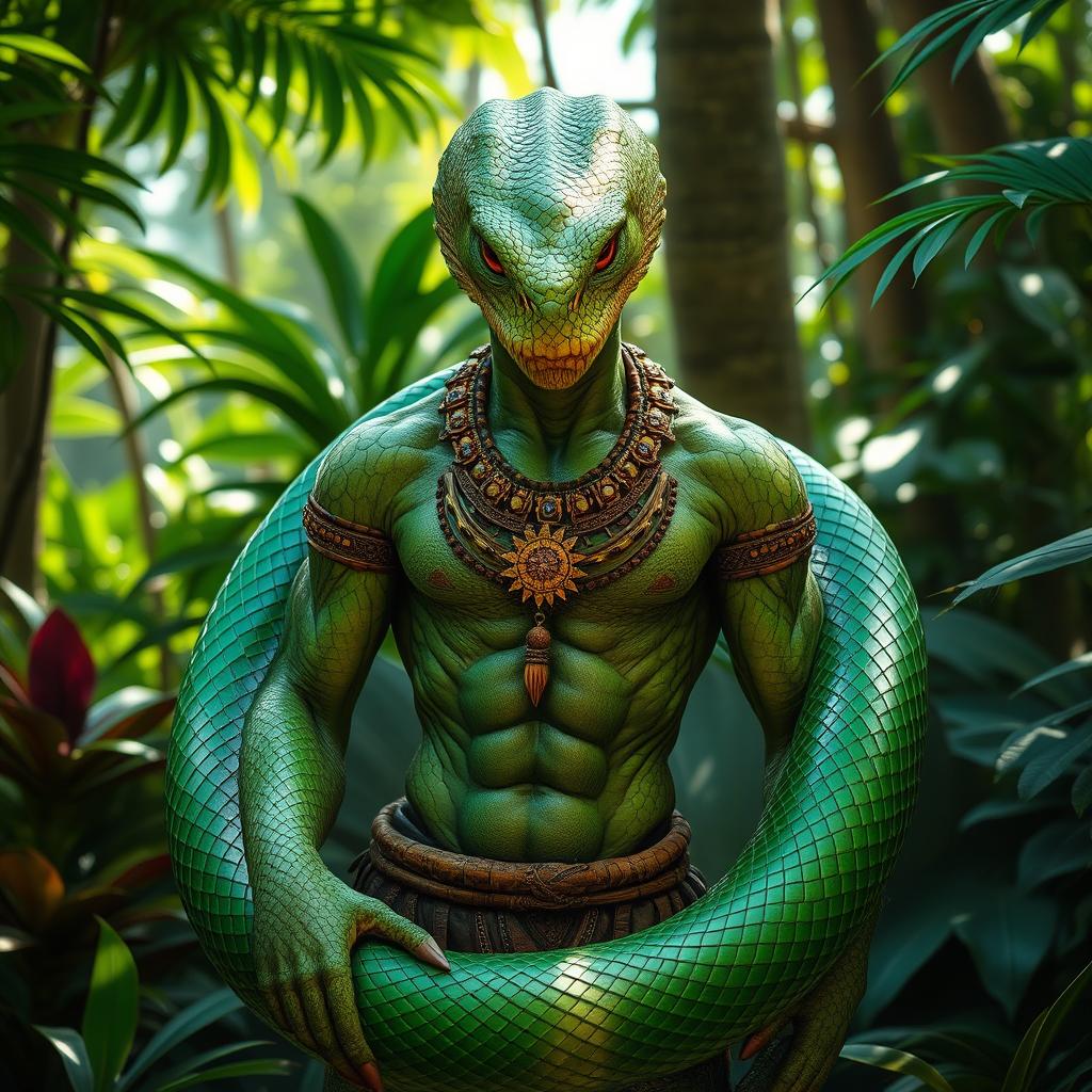 A mystical snake man character with vibrant green and gold scales, striking features, and an elongated serpentine body